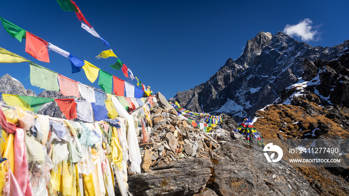 Prayer flags on top of Zatra la pass, Himalayas range, Nepal