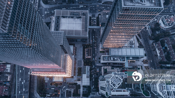 aerial view of business area in Nangjing Rd, Shanghai, China, at dusk