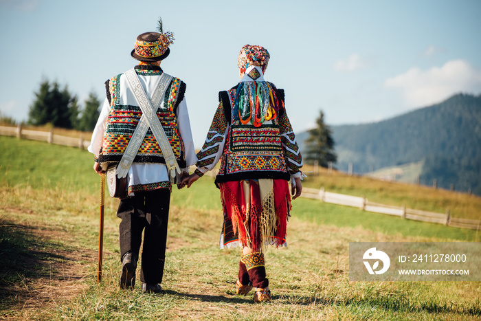 Brides in traditional attire. Hutsul wedding.