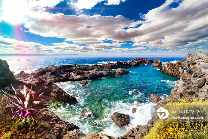 Cala y mar.Isla de Tenerife.Canarias.Paisaje marino y roca volcanica.Viajes y aventuras por la costa.Vegetación y acantilado bajo los rayos del sol