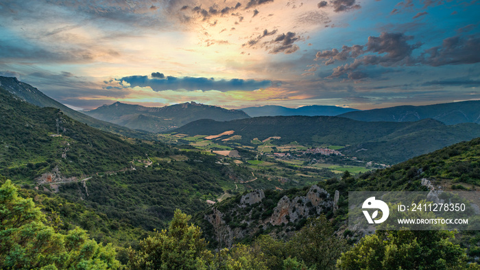 Cucugnan Village in South of France seen from Queribus Castle in Pyrenees Mountains