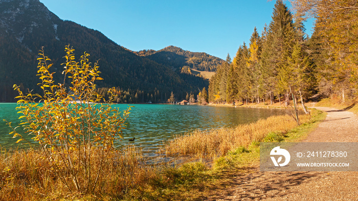 Famous Dobiacco Lake in Italian Dolomites Alps