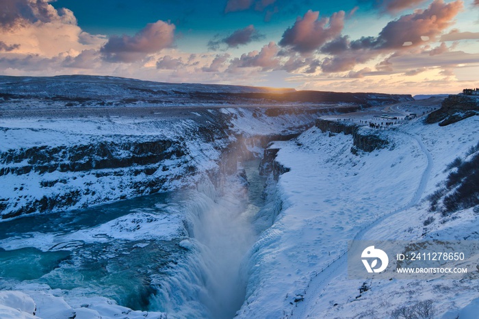 The beautiful Waterfall Gullfoss in Winter, Golden Circle, Iceland