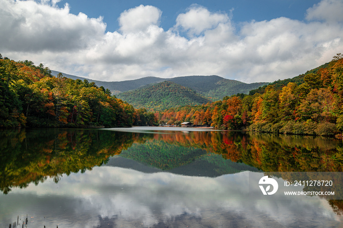 autumn in the blue ridge mountains range with sky and clouds reflecting in lake at Vogel State Park Georgia in beautiful wide landscape