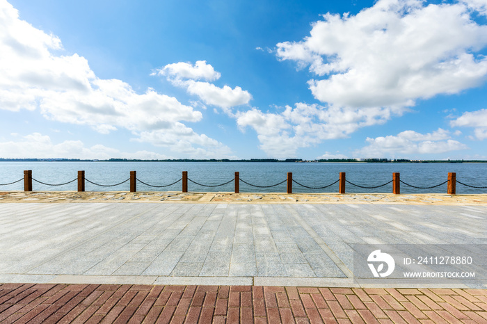 Beautiful lake and walkway with blue sky