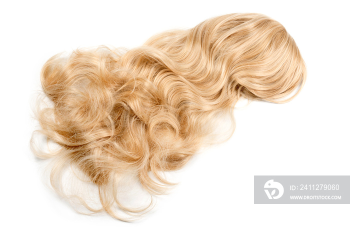 Female blonde wig isolated on white. Golden human hair weaves, extensions and wigs. Woman beauty concept.