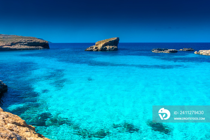 Amazing crystal clear water in the Blue Lagoon of Comino Island,  Malta