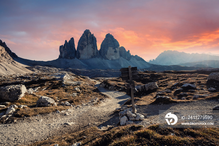 The iconic mountain Tre Cime in Italian Dolomites at sunset