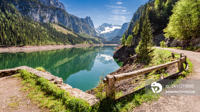 Sunny sunrise at Gosausee lake in Gosau, Alps, Austria, Europe