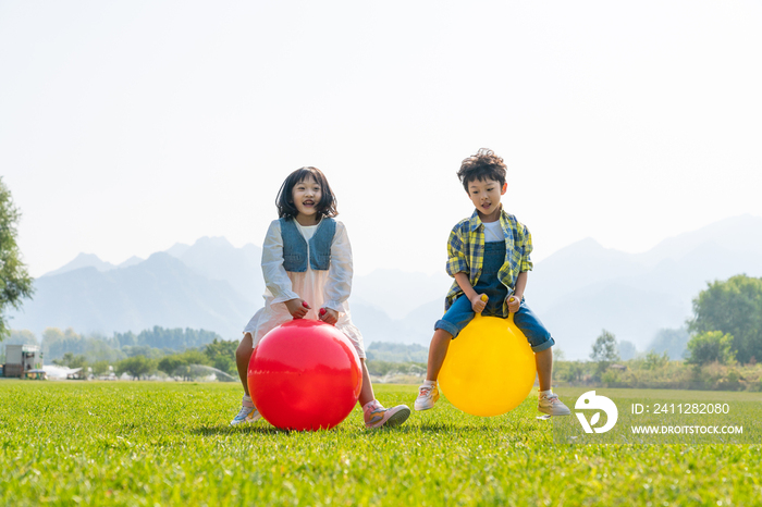 两个小孩在草地上做游戏