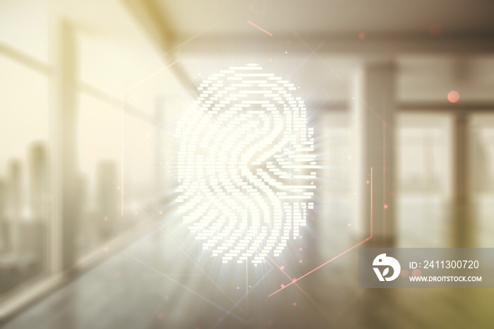 Double exposure of virtual creative fingerprint hologram on empty room interior background, protection of personal information concept