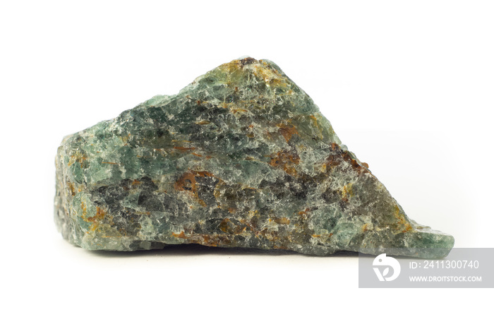 Rock of epidote mineral from Madagascar isolated on a pure white background.