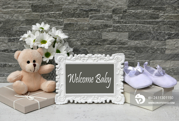 Teddy bear with a gift, flowers, baby shoes and the text Welcome Baby on a frame.