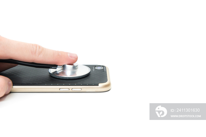 Broken phone, fixing the phone. Examination with a stethoscope. Taking care of the phone, phone updates, cleansing the smartphone. Returning a mobile phone to the site. Isolated white background.