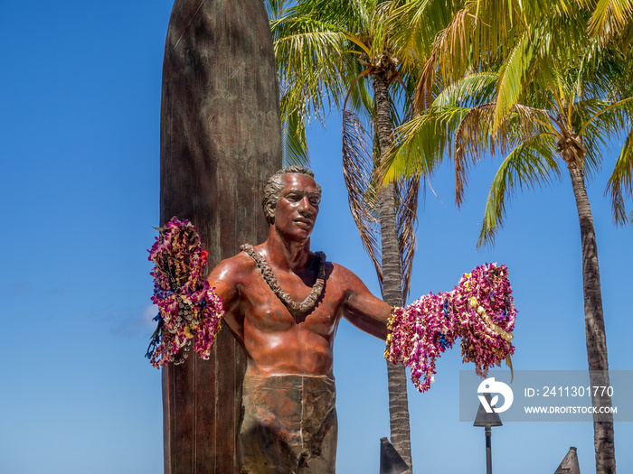 Duke Kahanamoku Statue on Waikiki Beach  in Honolulu.