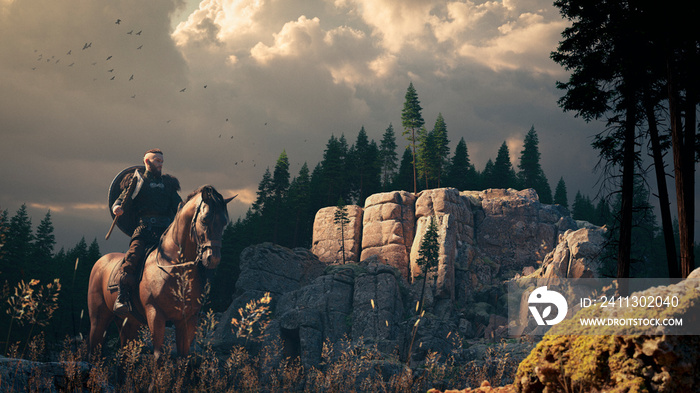 epic viking riding a horse with axe in hand in a grass field near a cliff rock and fir forest in beautiful sunlight with gorgeous clouds - concept art - rendering 3D