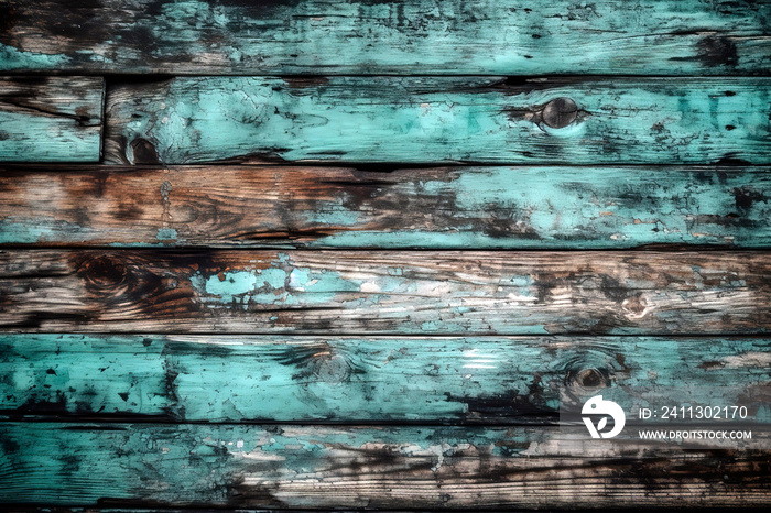 Turquoise distressed old damaged wooden plank wallpaper. Background, copy space.