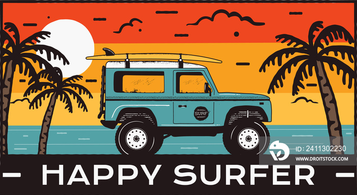 Surfing Logo Emblem. Vintage hand drawn travel badge, poster. Featuring surf car riding on the beach and sea landscape. Happy Surfer quote. Stock summer beach insignia