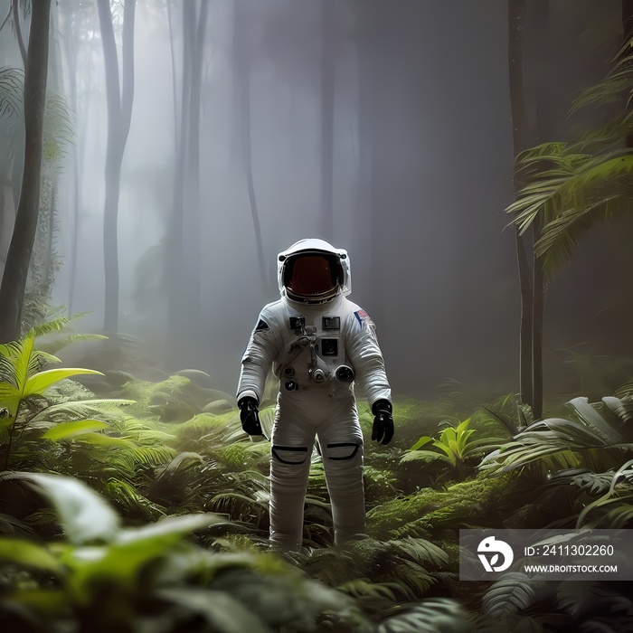 Abstract illustration of an astronaut flying in the jungle.