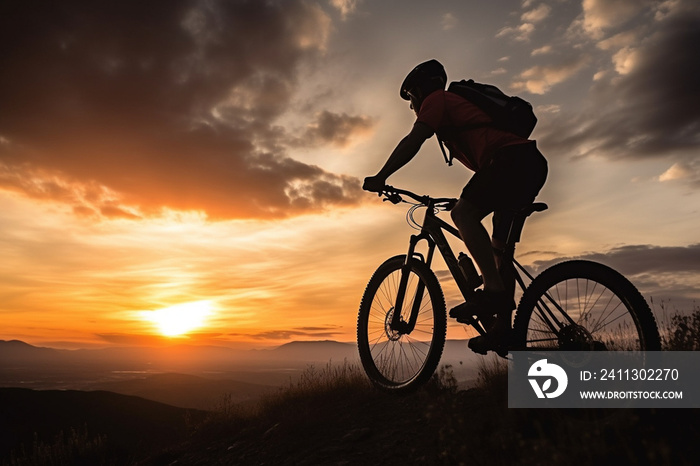 Man on mountain bike against sundown sky