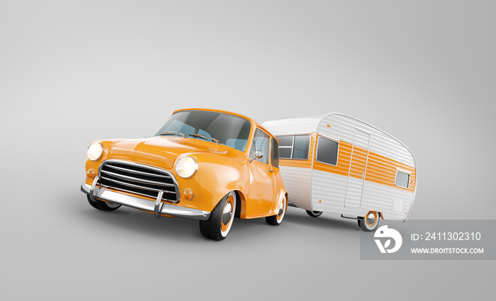 Retro car with white trailer. Unusual 3d illustration of a classic caravan.