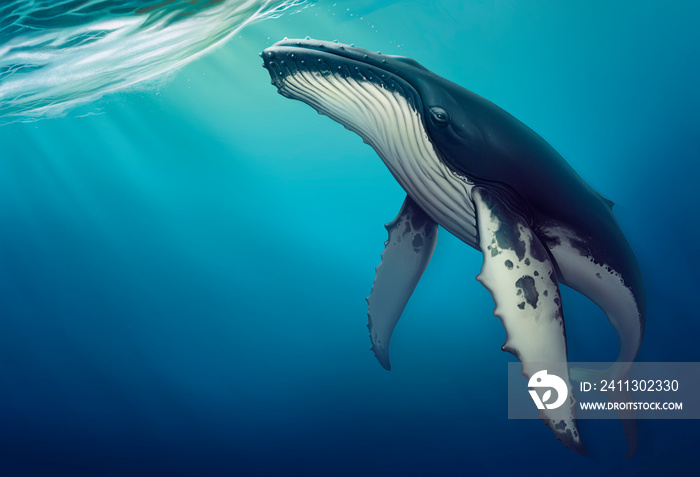 Whale under water realistic illustration of a copis. Humpback whale in the open sea.