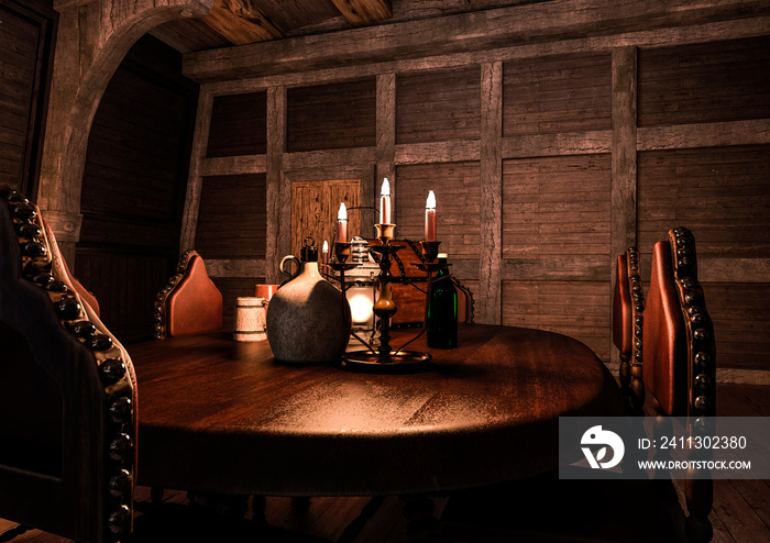 the candle holder is on the table in the pirate cabin