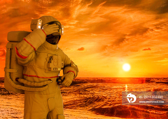 astronaut on holiday with a sunset beach as background with a space copy