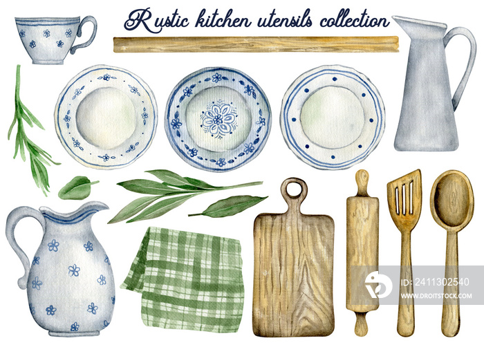 Collection watercolor hand drawn rustic kitchen utensil elements. Vintage kitchen clipart.  Isolated clipart element on white background.