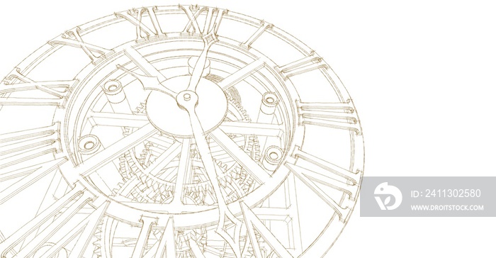 clock, mechanism, sketch, 3d illustration