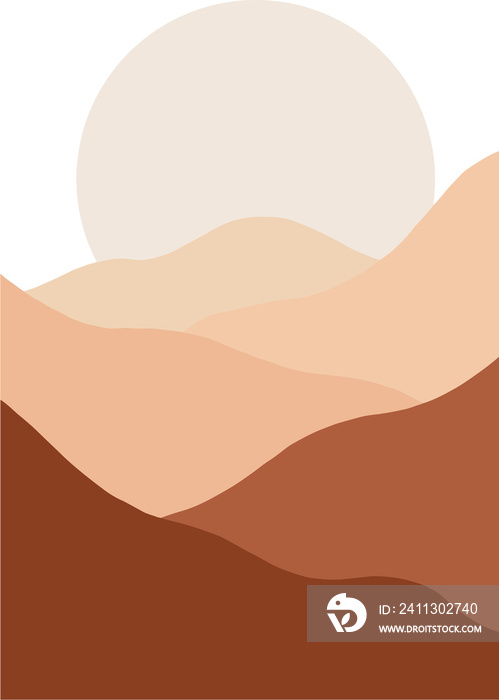 mountain and sun in minimalist landscape illustration. sunset and sunrise nuance in earth tone color. trendy contemporary design illustration.