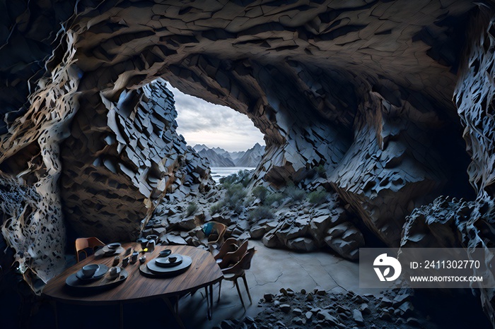 Photo of a rustic dining table set up inside a cave with a stunning ocean view