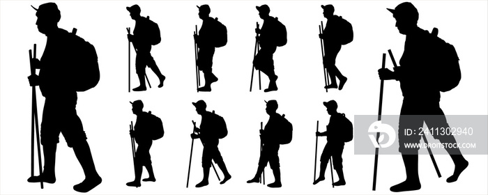 A tourist with a backpack on her back and walking sticks in her hand. The elderly woman walks. Woman on the move. Hiking. Side view, profile. Black female silhouettes isolated on white background.