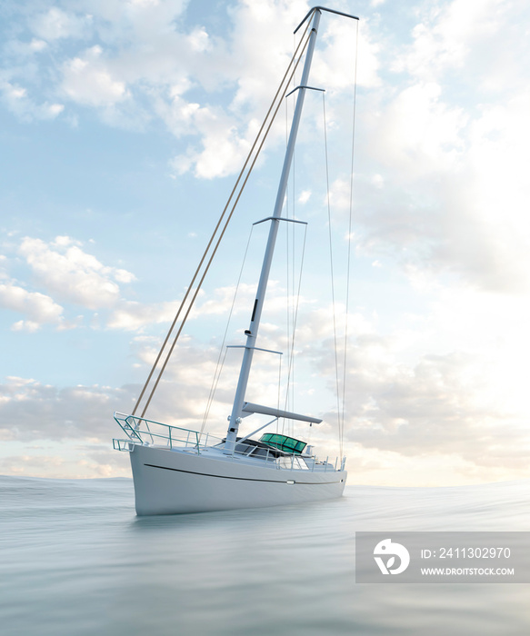 Beautiful modern yacht at sunset on calm seas relaxing holiday 3d render