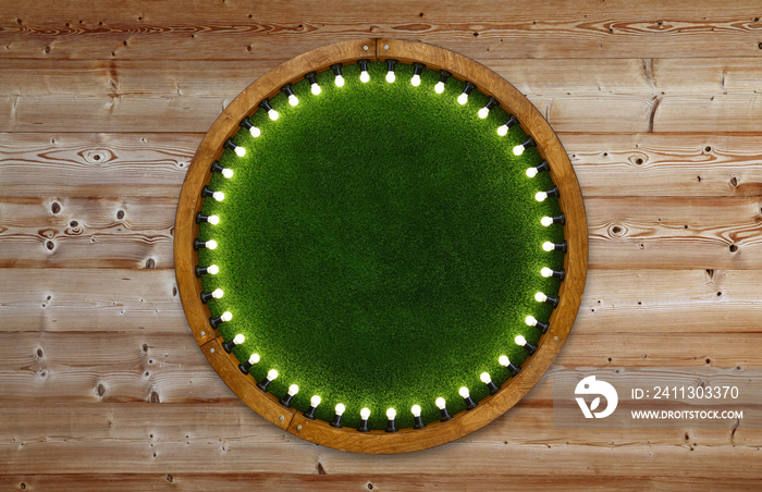 Wooden ring light frame with green grass backdrop