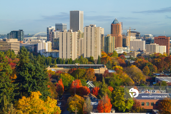 Downtown city of Portland with freeway interchange in foreground