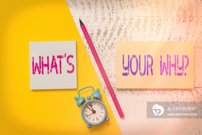 Handwriting text writing What S Your Why Question. Conceptual photo annoyed and frustrated being confused and puzzles Notepads marker pen colored paper sheet alarm clock wooden background