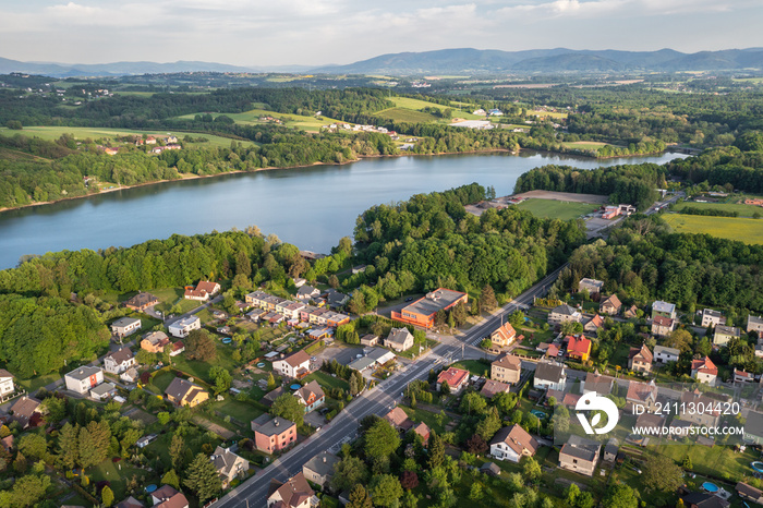 Terlicko dam lake on River Stonavka and Terlicko village, Czech Republic