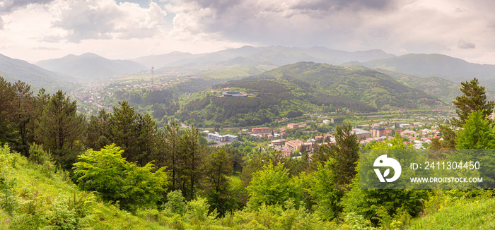 panoramic view of the famous spa resort town of Dilijan in Armenia surrounded by dense forests in Caucasus mountains