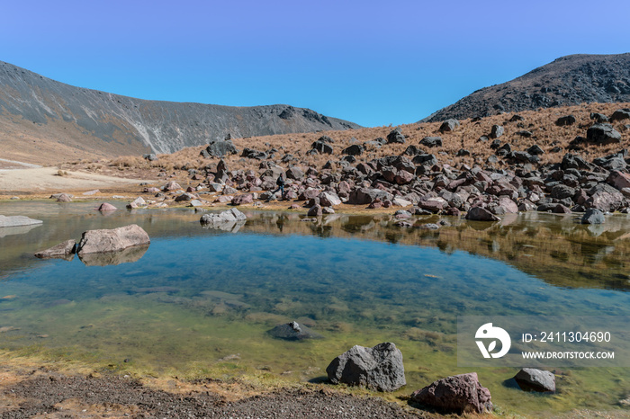 Volcanic landscape with a lake and sky