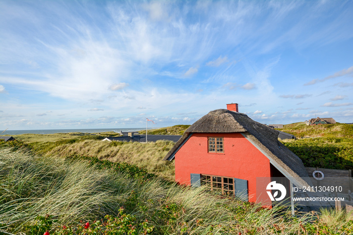 Dune landscape at the North Sea with holiday homes near Henne Strand, Jutland Denmark Scandinavia