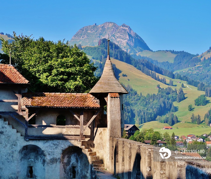 Wehrgang Gruyères mit Berg Moléson