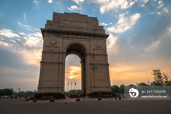 India Gate Delhi - A war memorial on Rajpath road at sunrise.