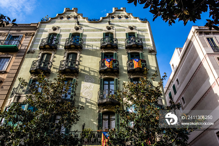 Facade of an apartment building in Modernismo style in Gracia, Barcelona, Spain, Europe