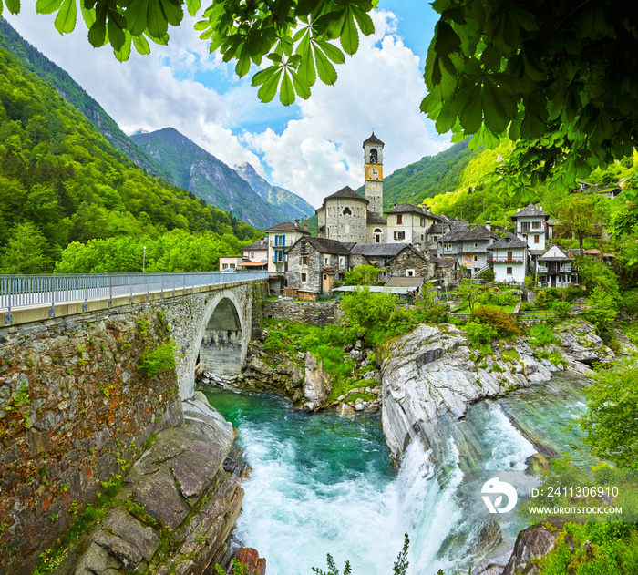 The village Lavertezzo with the river Riale Carecchio in Switzerland