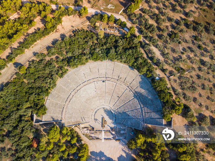 Ancient amphitheater of Epidaurus at Peloponnese, Greece. Aerial drone photo.