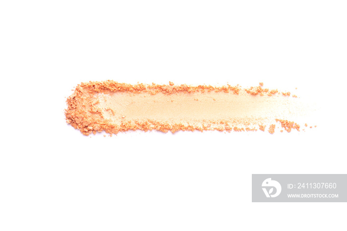 Crushed shiny beige eyeshadow swatch isolated on white background. Sample of beauty make up cosmetics texture products.