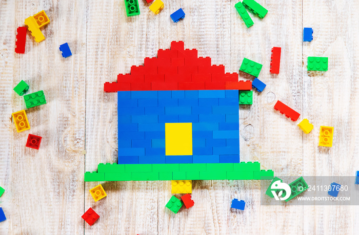 Build a designer Lego house. Selective background.