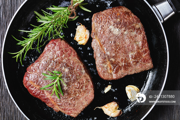 fried rump beef steaks in a skillet