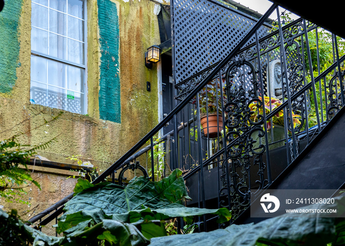 Steps to a front door on the second floor with French-style ironwork and painted shutters with tropical plants.